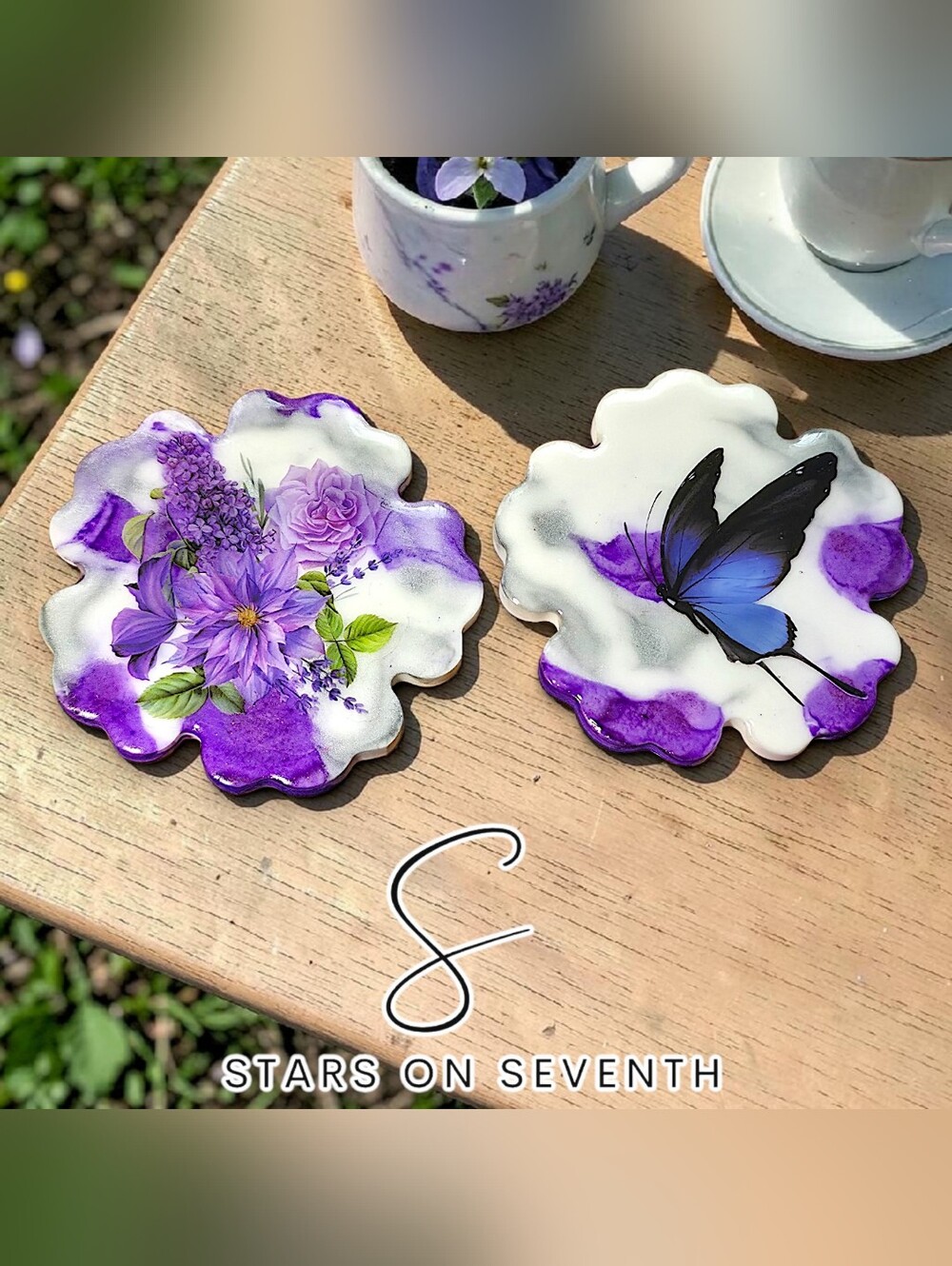(2) 3-Inch Ceramic Resin Coasters | Purple Floral & Butterfly